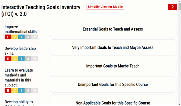 Screen capture showing the learning goals on the left and the categories into which they will be sorted on the right
