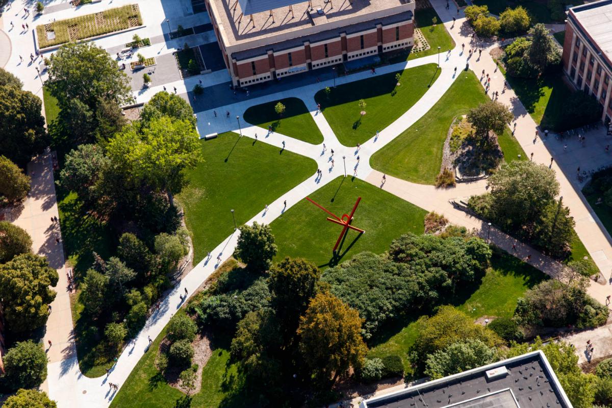 Aerial photo of Nebraska campus with buildings and pathways