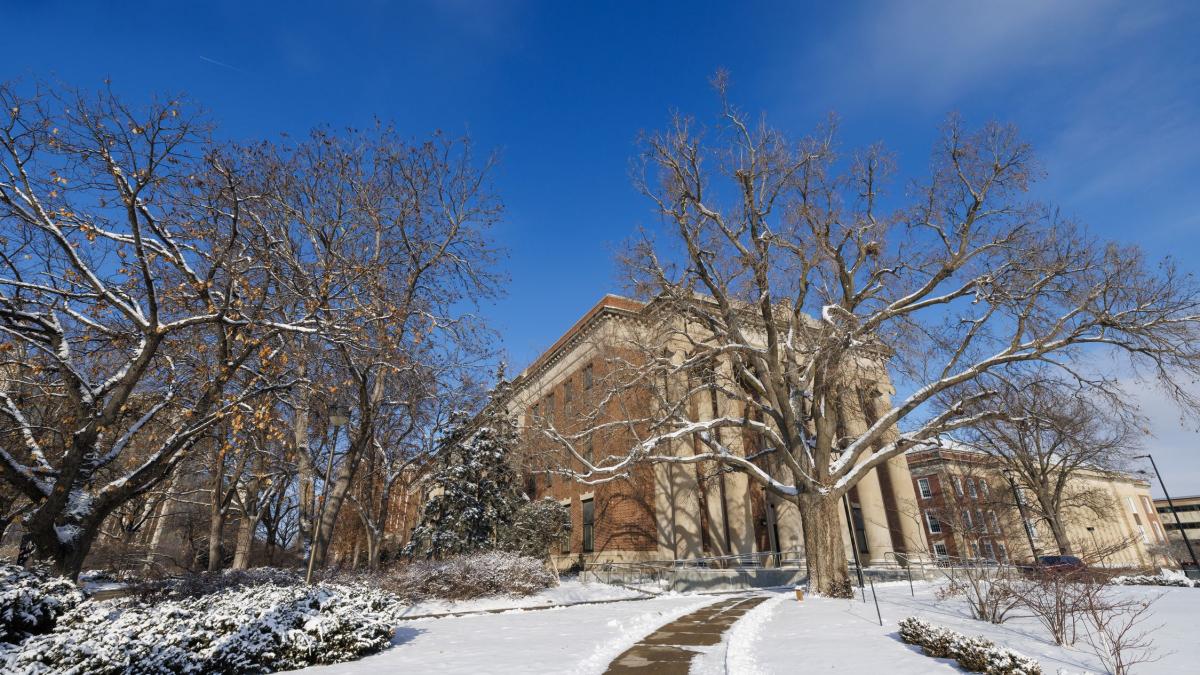 Exterior view of Louise Pound Hall on a snow day. Snow on city campus. January 9, 2024. Photo by Craig Chandler / University Communication and Marketing.