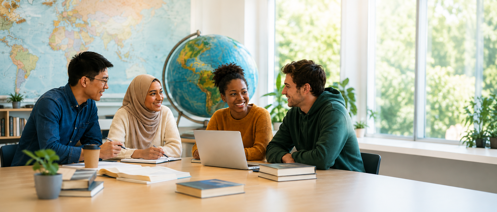Students collaborate at a table with books, a laptop, and a globe in a bright classroom.