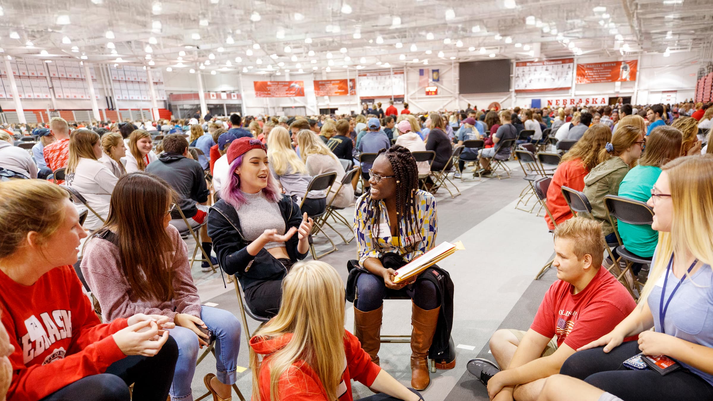 Incoming first-year students participate in Husker Dialogues, a diversity and inclusion event facilitated by more than 370 faculty, staff, and student conversation guides. Husker Dialogues is designed to introduce first-year students to tools they can use.