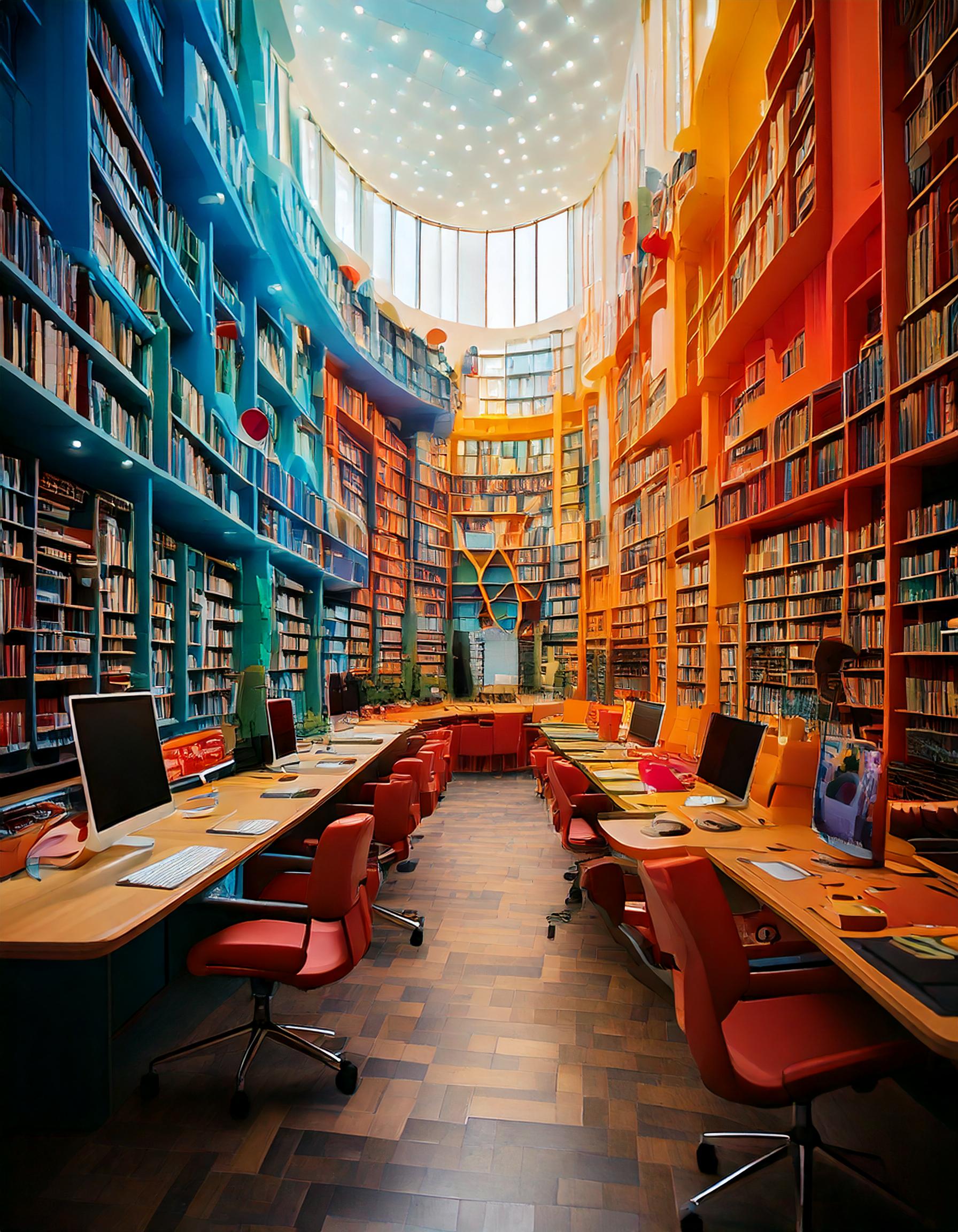 A colorful library. Books fill shelves colored blue and orange. Computers on desks line the open space.