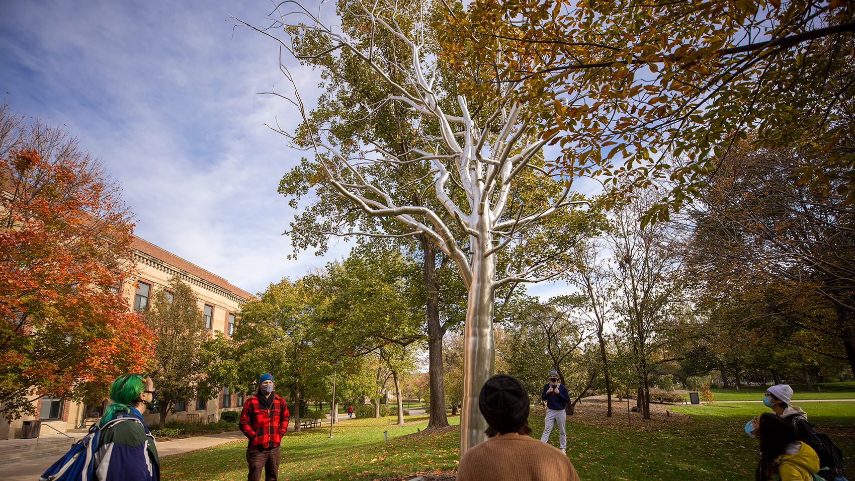 Students in class outside by the sculpture, Breach by Roxy Paine. City Campus. October 28, 2020. Photo by Craig Chandler / University Communication.