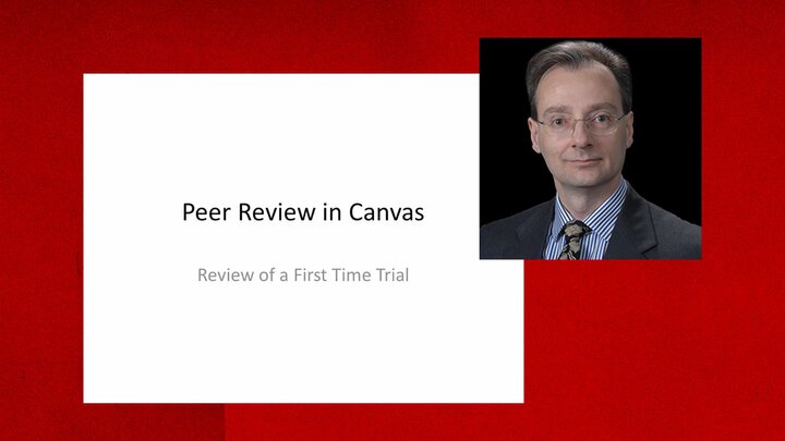 Headshot of John Geppert and slide entitled Peer Review in Canvas