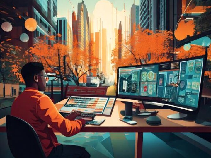 AI generated photo. A young man of color uses a computer at a desk. The background is a city street with fall foliage and high rise buildings.