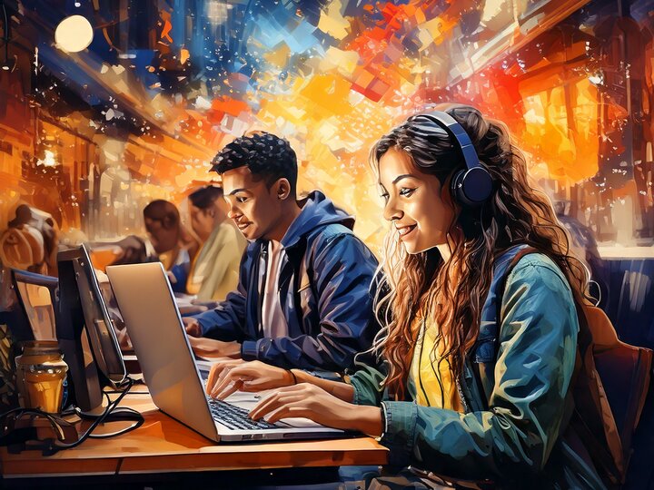 Students study on computers in a well-lit nighttime street. AI generated with Adobe Firefly. Prompt: students use computers to study online, colorful.