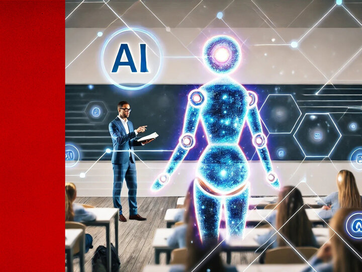 Digital figure towers over human classmates