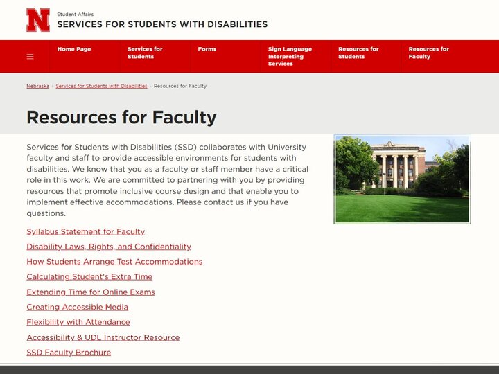 Screenshot of the UNL Services for Student with Disabilities Webpage