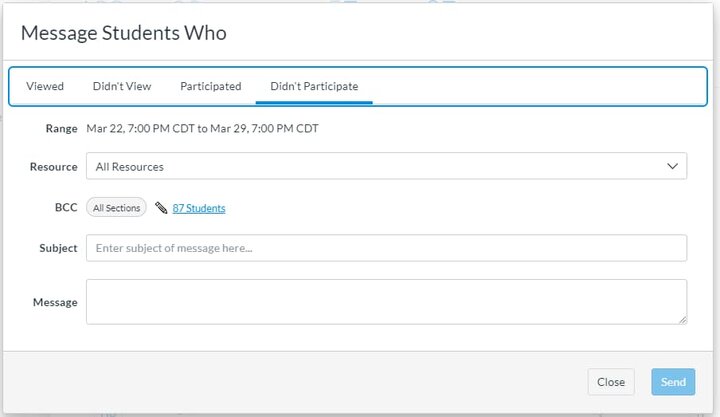 Canvas screenshot of the "Message Students Who" feature.