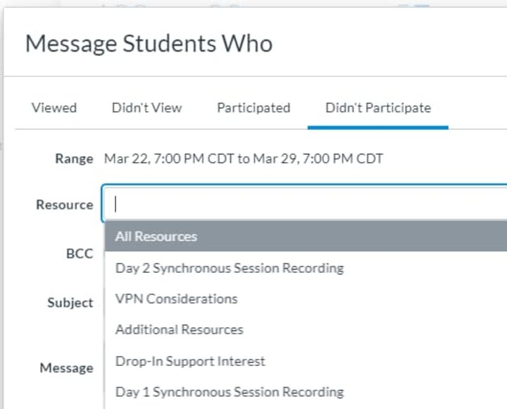 Canvas screenshot of the "Message Students Who" feature, with a dropdown list of resources with generic names to choose from.