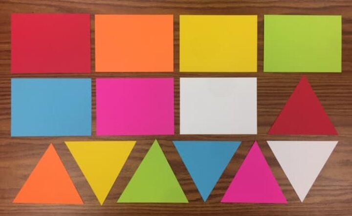 Collection of 14 cards of various colors and shapes