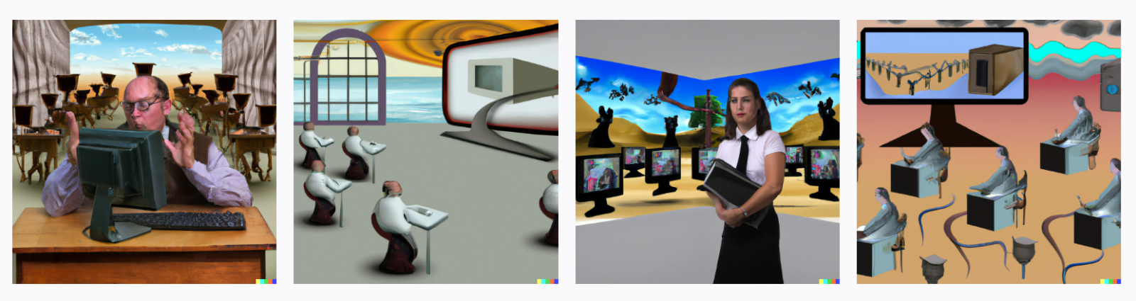 Four square images of a classroom in a surrealist style